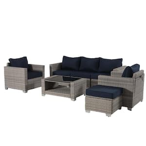 7-Piece Light Gray Rattan Wicker Outdoor Patio Sectional Sofa Set with Dark Blue Cushions