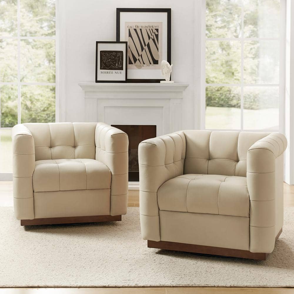 JAYDEN CREATION Gunther Beige Genuine Leather Swivel Club Chair Set of ...