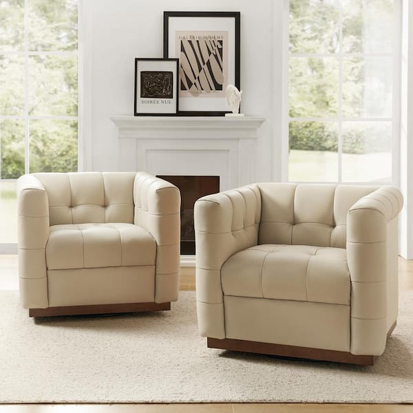 JAYDEN CREATION Gunther Beige Genuine Leather Swivel Club Chair Set of 2 with Wooden Apron