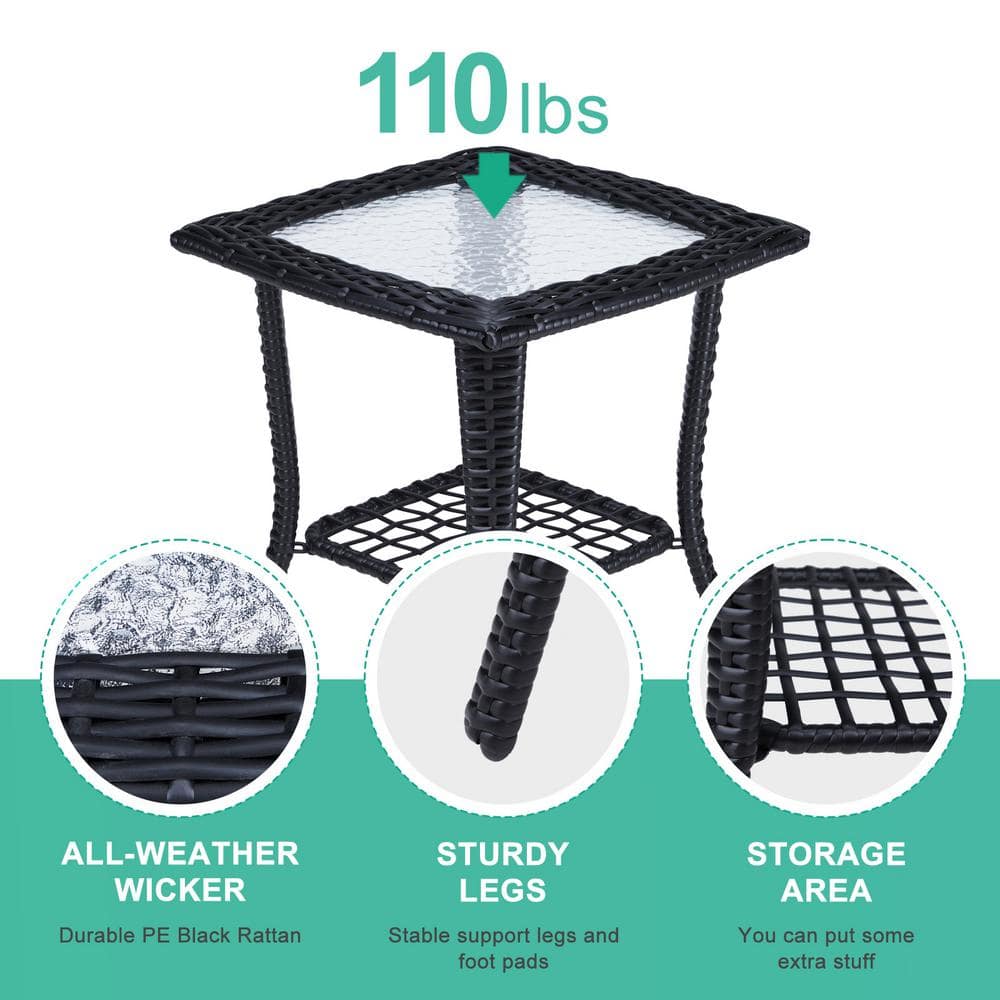 Black Wicker Outdoor End Table with Glass Top and Storage