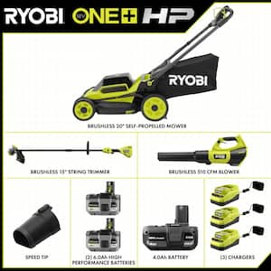 ONE+ HP 18V Brushless 20 in. Cordless Walk Behind Self Propelled Mower, Blower & String Trimmer w/ Batteries & Chargers