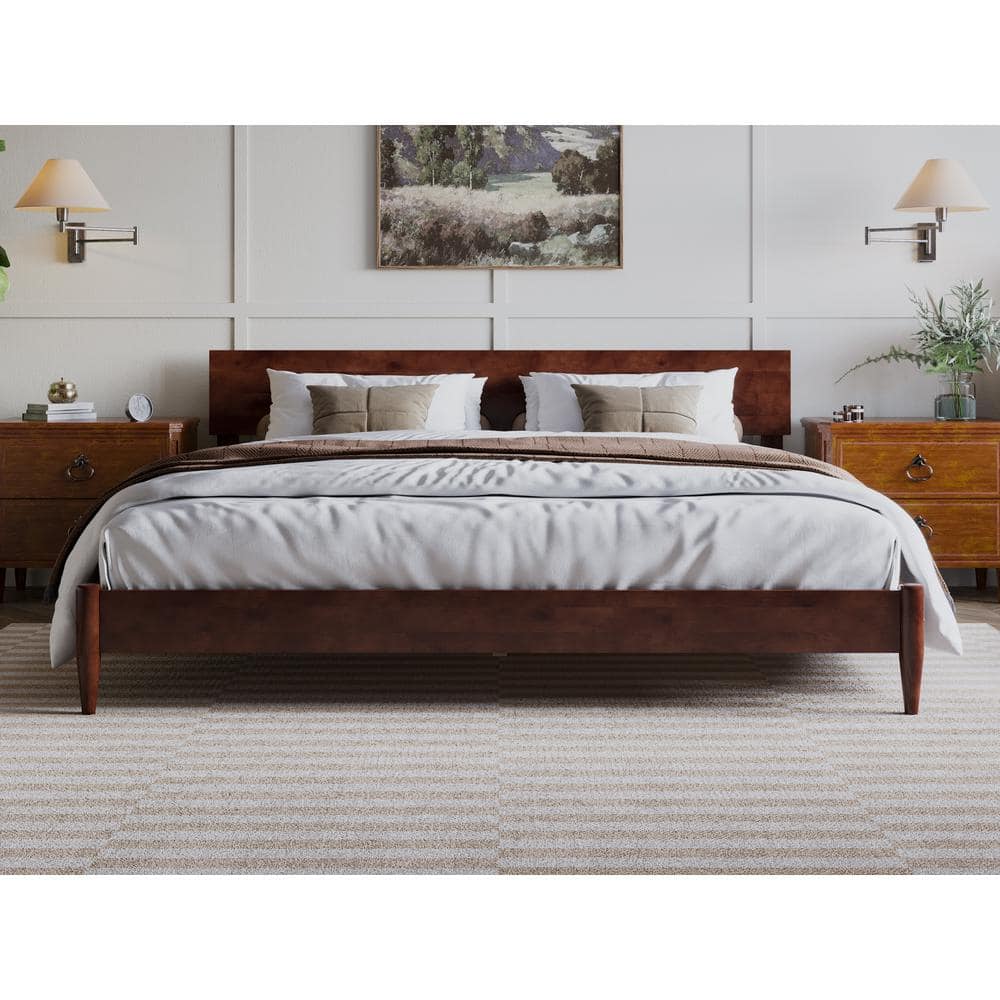 Aria King Walnut Wood Low Profile Platform Bed with Headboard