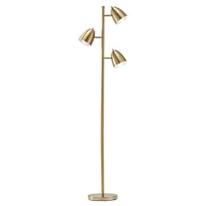 Jacob 64 in. Antique Brass Mid-Century Modern 3-Light Adjustable LED Floor Lamp with 3 Brass Metal Cone Shades