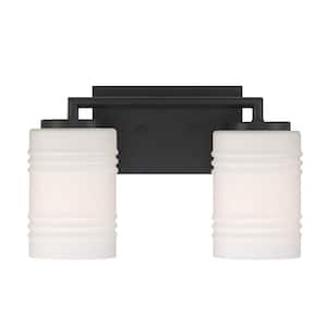 Leavenworth 14.25 in. 2-Light Matte Black Modern Vanity with Etched Opal Ribbed Glass Shades