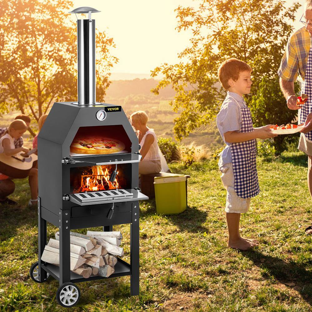 Black Steel 2-Layer Outdoor Gas Pizza Oven with Wheels