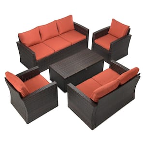 5-Piece Wicker Patio Conversation Furniture Set with Orange Cushions