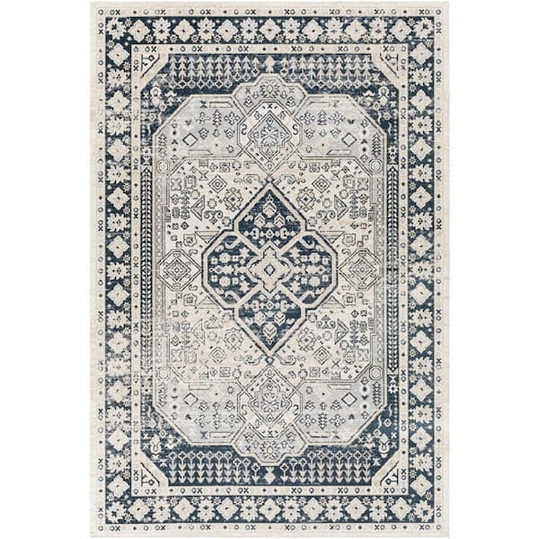 Arda Navy/Light Grey 3 ft. x 7 ft. Indoor Machine-Washable Area Rug
