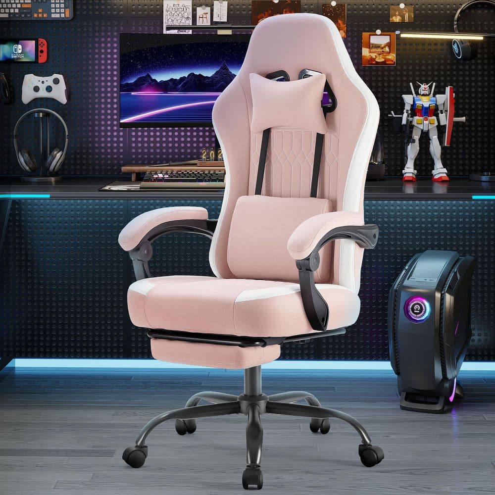 Fabric Reclining Ergonomic Gaming Chair in Pink with Arms Adjustable Height and 360° Rotating Wheels