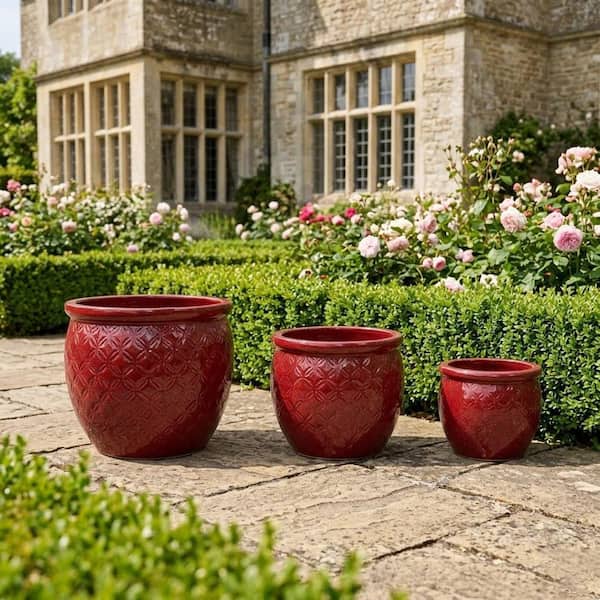 YOUFUNIQUE Bean Paste Red Ceramic Round Planter Set (3-Pack) with Built-in  Drainage Hole, Modern Planter for Garden D-1489-FP