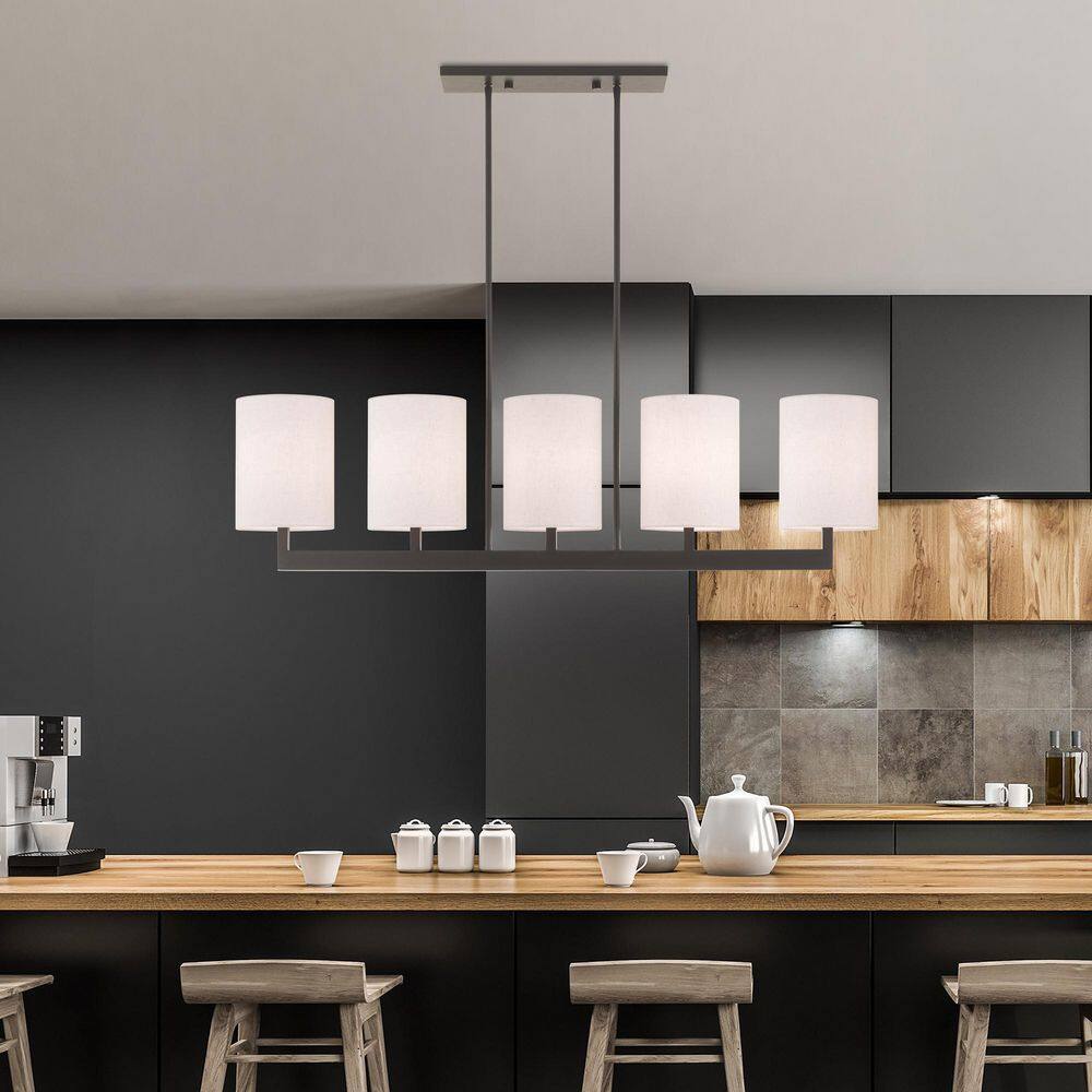 Elegant Bronze Drum 5-Light Linear Chandelier with Oatmeal Shade