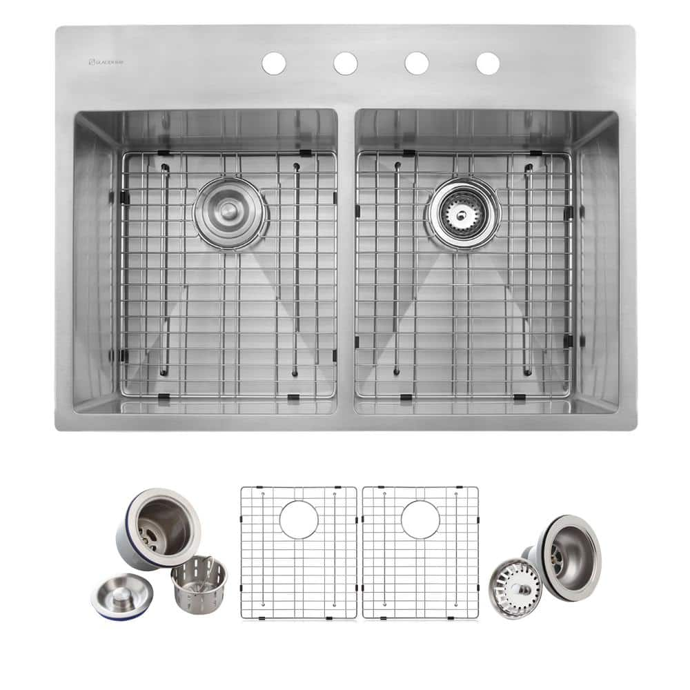 Glacier Bay Professional 33 in. Tight Radius 16 Gauge Drop-in 50/50 Double Bowl Stainless Steel Kitchen Sink with Accessories, Silver