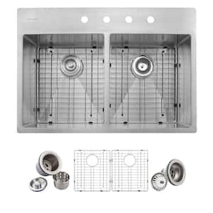 Professional Tight Radius 33 in. Drop-In 50/50 Double Bowl 16 Gauge Stainless Steel Kitchen Sink with Accessories