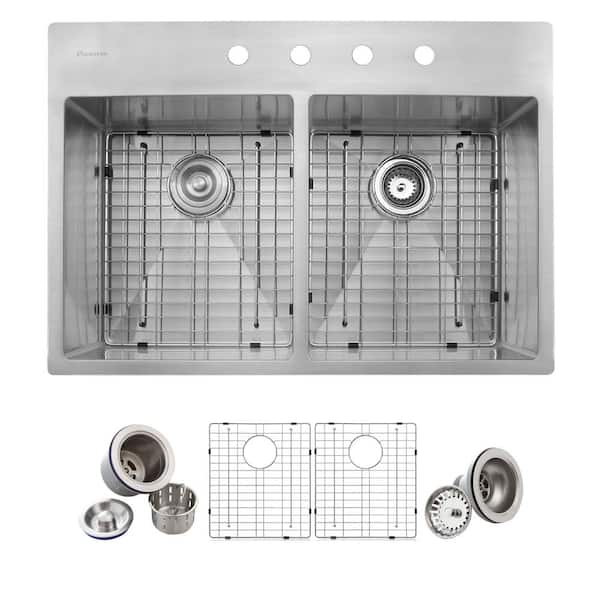 Glacier Bay Professional Tight Radius 33 in. Drop-In 50/50 Double Bowl 16 Gauge Stainless Steel Kitchen Sink with Accessories