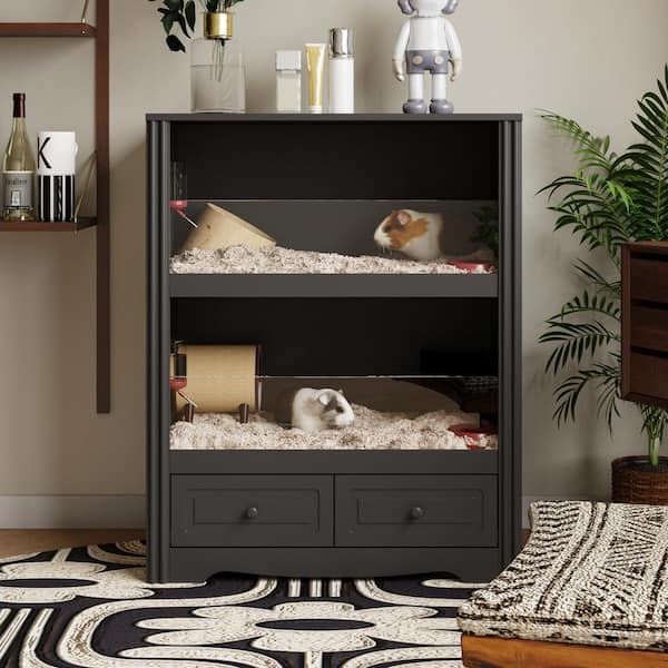 FUFU&GAGA Large Hamster Cage with Storage Cabinet, 2-Tier Small Animals Cages Habitats, Animal House for Rat, Hedgehog, Gerbil
