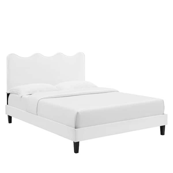 MODWAY Current Performance Velvet Full Platform Bed in White with Black Wood Legs