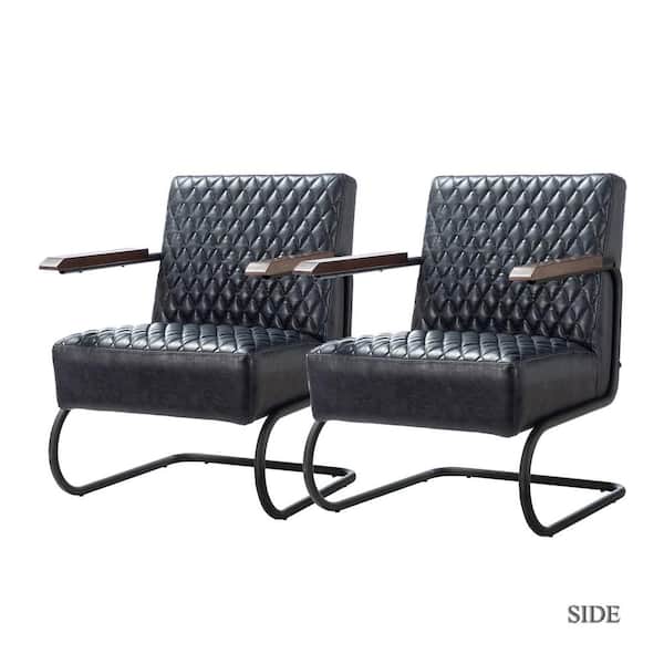 JAYDEN CREATION Caddoan Lesuire Black Leg Blue PU Arm Chair with Tufted Back (Set of 2)