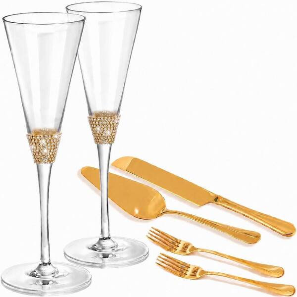 Wedding Cake Knife and Server Set with Gold Mr and Mrs Champagne Flutes and Cake Forks for Bride Groom