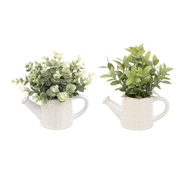 Flora Bunda Artificial Eucalyptus and Tea Leaf in 6.25 in. Cathedral Watering Can (Set of 2)