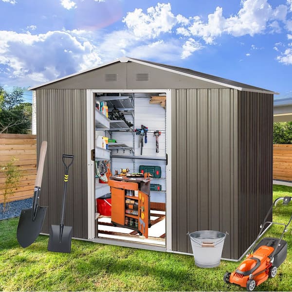 Durab, 8 ft. W x 6 ft. D, Outdoor Metal Storage Shed with Floor Base, Gray, 48 sq. ft.