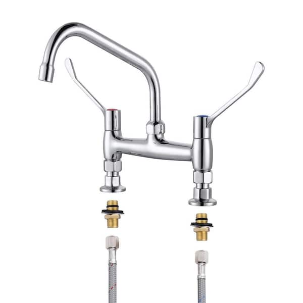 Commercial Double Handle Deck Mounted Brass Standard Kitchen Faucet with 8 in. Swivel Spout in Polished Chrome