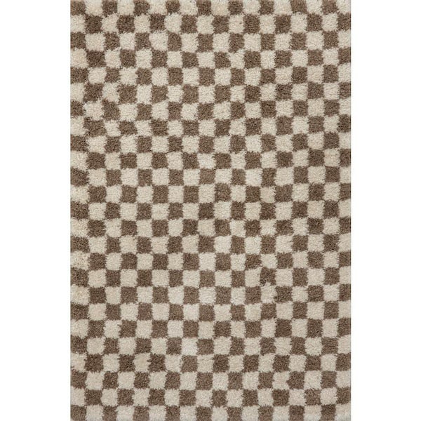 Bettie Retro Checkered Shag Beige 6 ft. x 6 ft. Indoor Square Rug