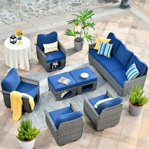 Echo Black 7-Piece Wicker Multi-Functional Pet Friendly Outdoor Patio Conversation Sofa Set with Navy Blue Cushions