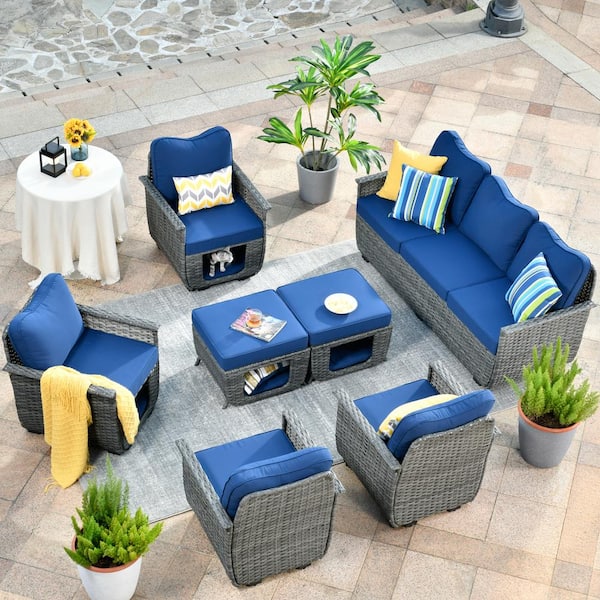 HOOOWOOO Echo Black 7-Piece Wicker Multi-Functional Pet Friendly Outdoor Patio Conversation Sofa Set with Navy Blue Cushions