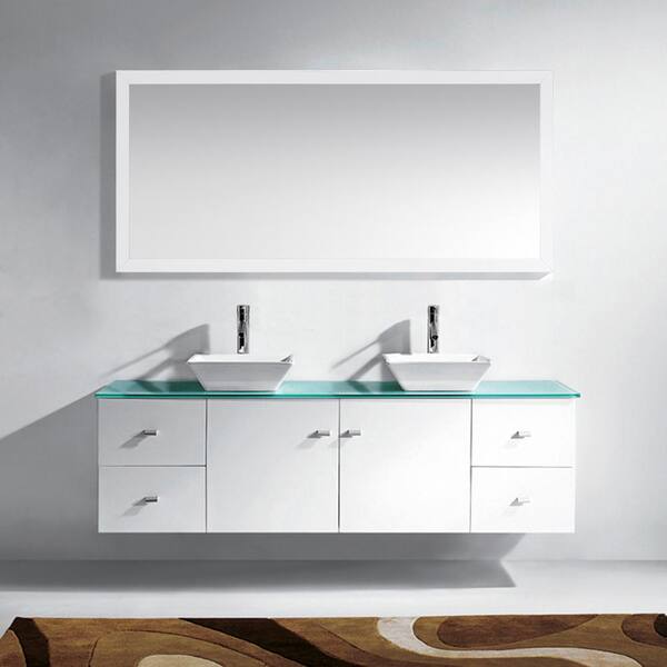 Virtu USA Clarissa 72 in. W Bath Vanity in White with Glass Vanity Top in Aqua with Square Basin and Mirror