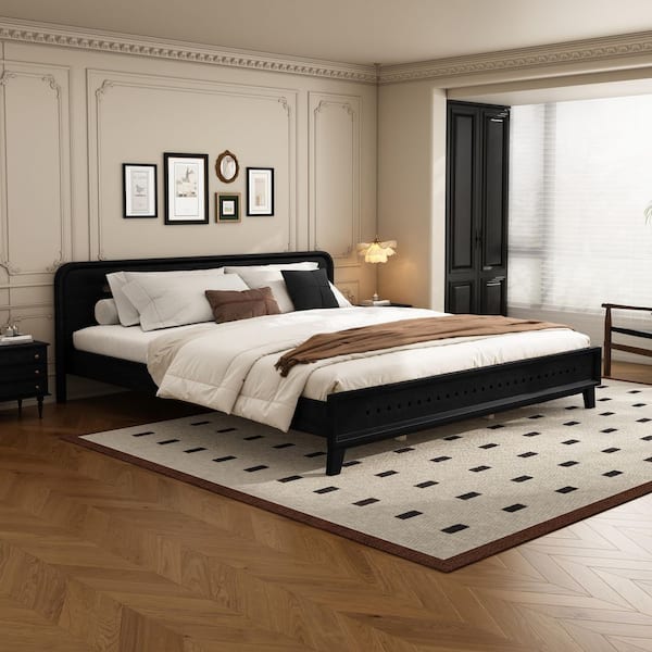Modern Style Black Wood Frame King Size Platform Bed with Sturdy Pinewood Frame, Support Legs