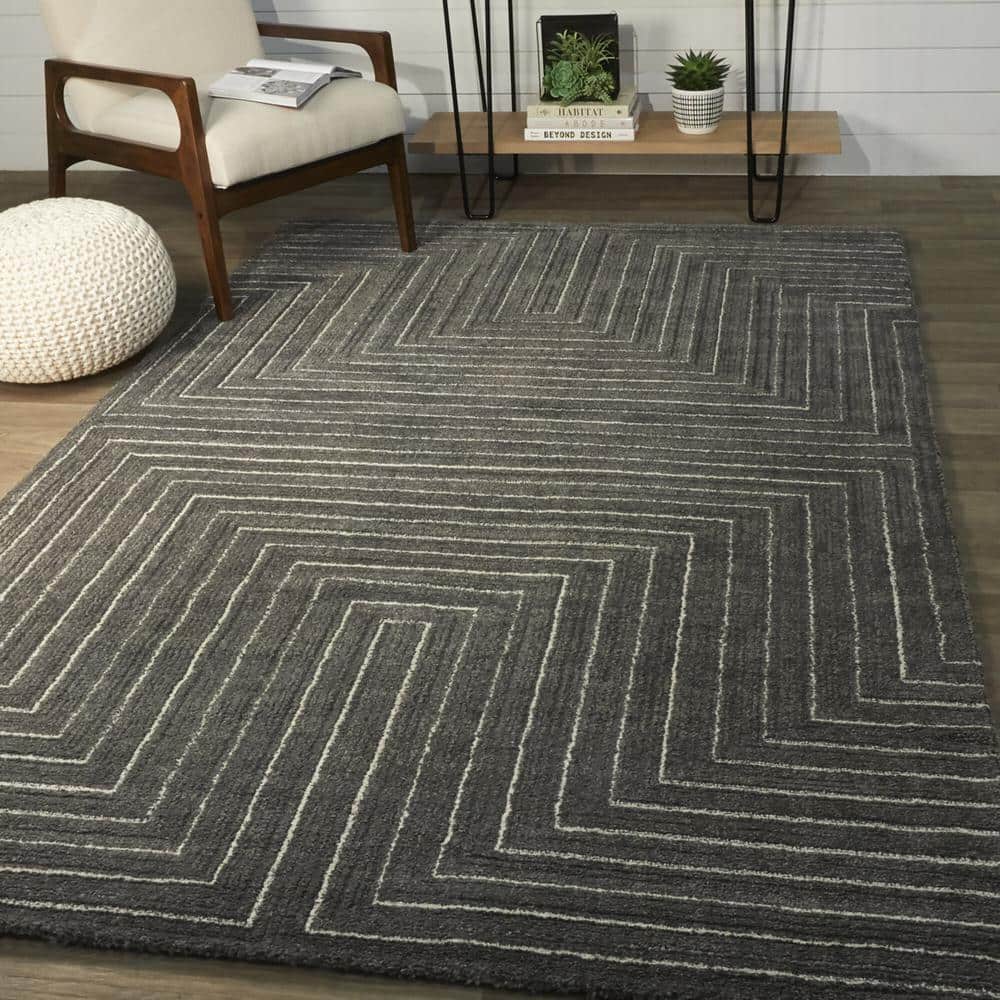 Charcoal and Cream Geometric Polyester Runner Rug, 2'7" x 7'