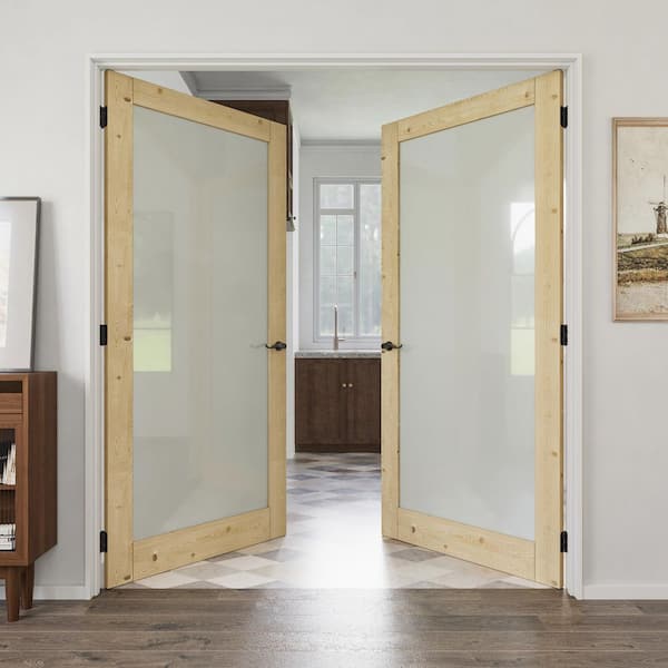 72 in. x 80 in. 1 Lite Frosted Glass Unfinished Pine Solid Wood Double Prehung French Door with Quick Assemble Jamb