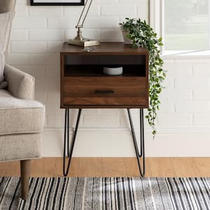 Modern Dark Walnut 1-Drawer Hairpin Leg Side Table