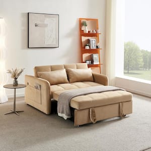 55.5 in. Wide Khaki Soft Velvet Twin Size Tufted Sofa Bed with 2 Pillows, USB Socket and Side Pockets