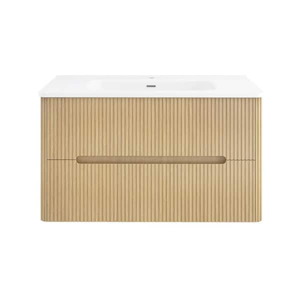 36 in. W x 18 in. D x 20 in. H Single Sink Wall-Mounted Bath Vanity in Light Oak with White Ceramic Top