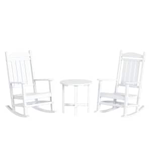 Laguna 3-Piece Classic Outdoor Patio Fade Resistant Plastic Rocking Chairs and Round  Side Table Set in White