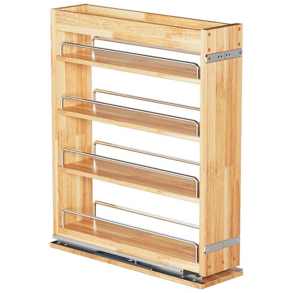 4 Tier Pull Out Spice Rack Organizer with Undermount Slides Oak Finish 5 in W x 22 in D Cabinet Storage Shelf