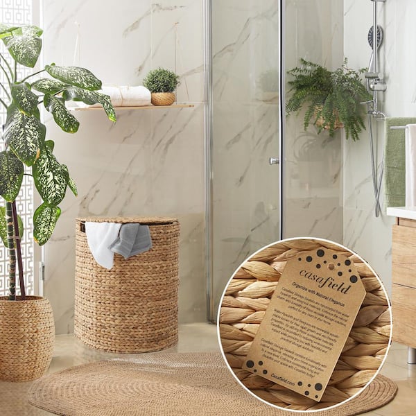 Casafield Brown Natural 20.5 in. x 24.25 in. Wicker Water Hyacinth Decorative Baskets Half Moon Laundry Hamper with Lid & Liner