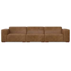 Rex 122 in. Straight Arm Genuine Leather L-Shaped Modular Sofa in. Caramel Brown