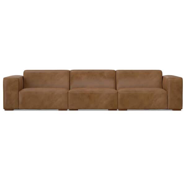 Simpli Home Rex 122 inch Straight Arm Genuine Leather L-Shaped Modular Sofa in. Caramel Brown