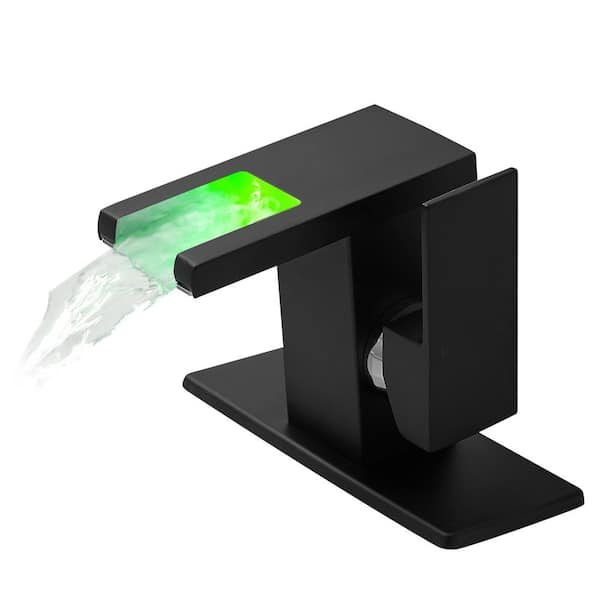 Unbranded Waterfall Single Handle Single Hole Bathroom Faucet with LED Light and Deckplate in Matte Black