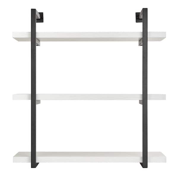 DANYA B Modern 31.5 in. x 11 in. x 33.2 in. 3-Tier Hanging Bracket Decorative Wall Shelf in Black Metal and White Birch Finish
