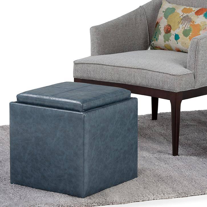 Denim Blue Faux Leather Square Storage Ottoman with Flip-Over Tray