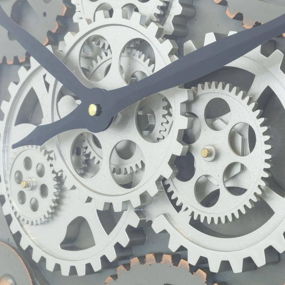 Large Black Metal Industrial Wall Clock with Open Moving Gears