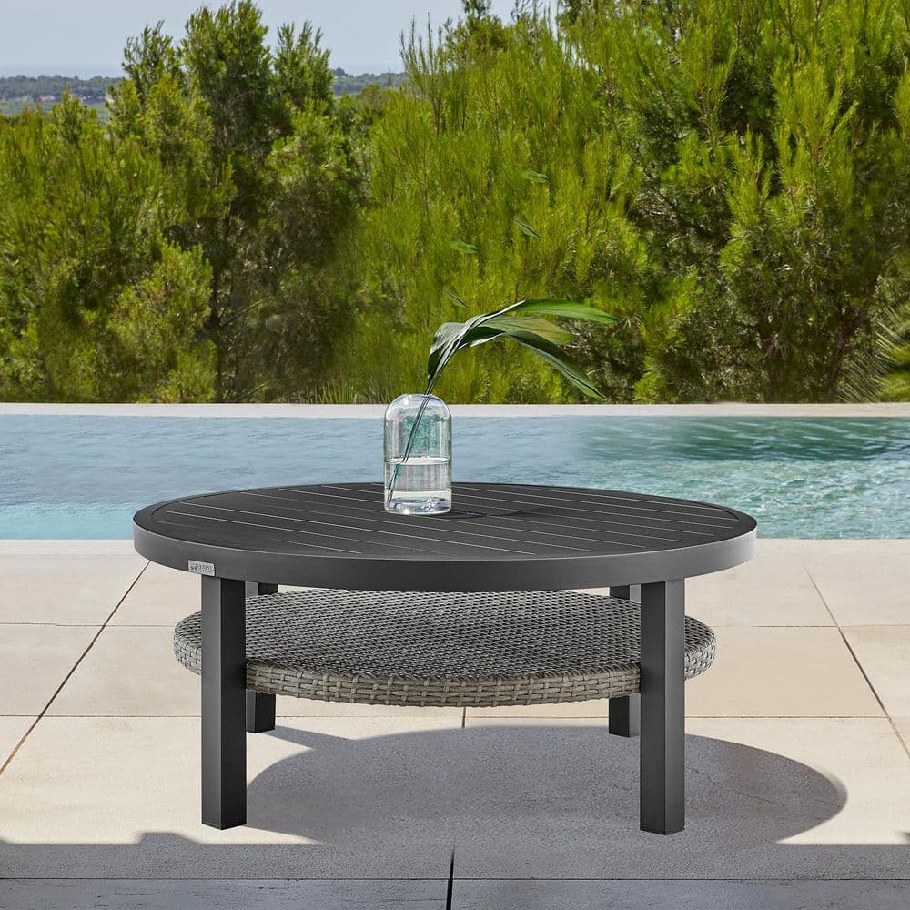 Aileen Black Aluminum Round Outdoor Coffee Table with Grey Wicker Shelf