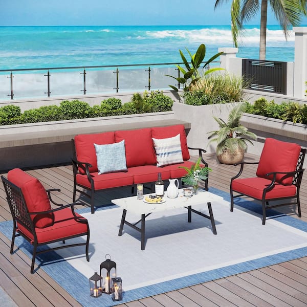 PHI VILLA Black 5 Seat 4-Piece Metal Steel Outdoor Patio Conversation Set with Red Cushions and Table with Marble Pattern Top