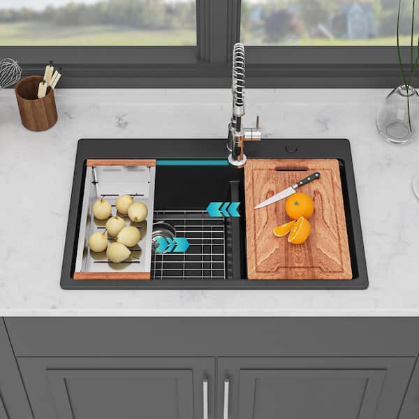 33 in. Drop-in Double Bowl (60/40) Black Quartz Workstation Kitchen Sink with Bottom Grids