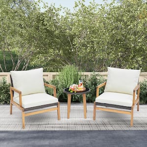 3-Piece Outdoor Furniture Set Patio Conversation Set with Off White Cushioned Chairs and Tempered Glass Side Table