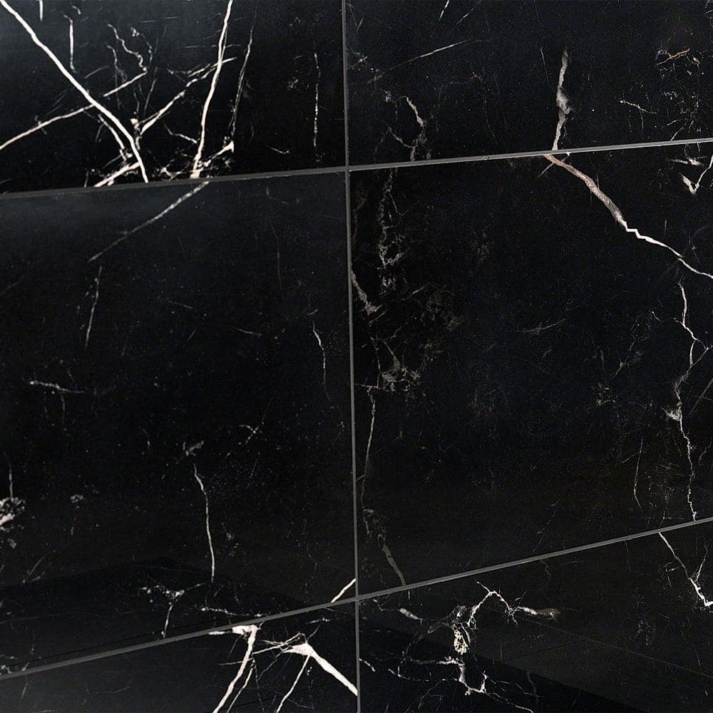 Grace Black Polished Porcelain Marble Look Tile 12" x 24"