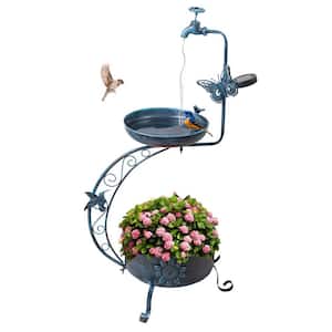 36 in. H x 19.6 in. W Metal Standing Bird Bath with Solar Lamp Vintage and Flower Planter, Blue
