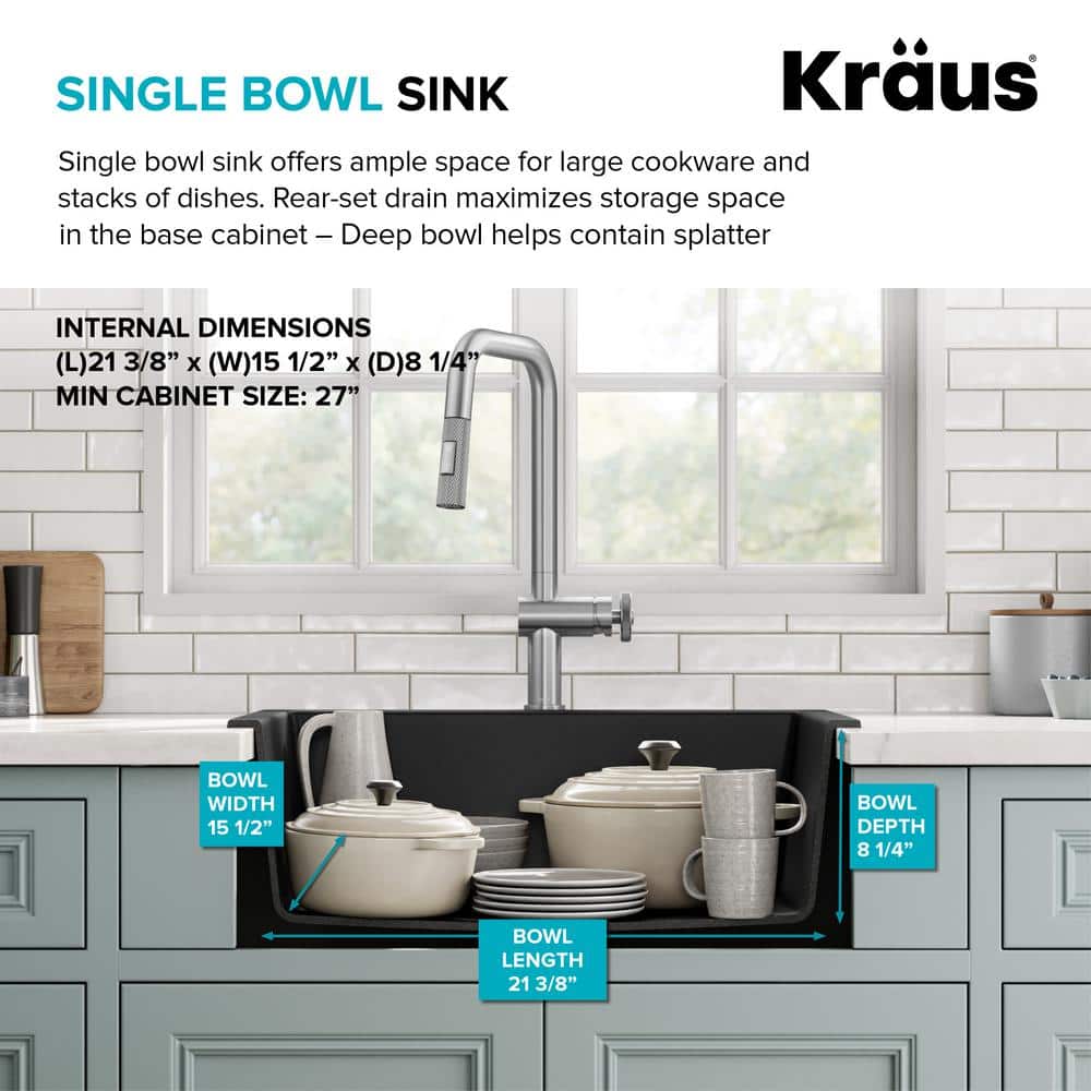 24-Inch Black Granite Drop-In Single Bowl Kitchen Sink